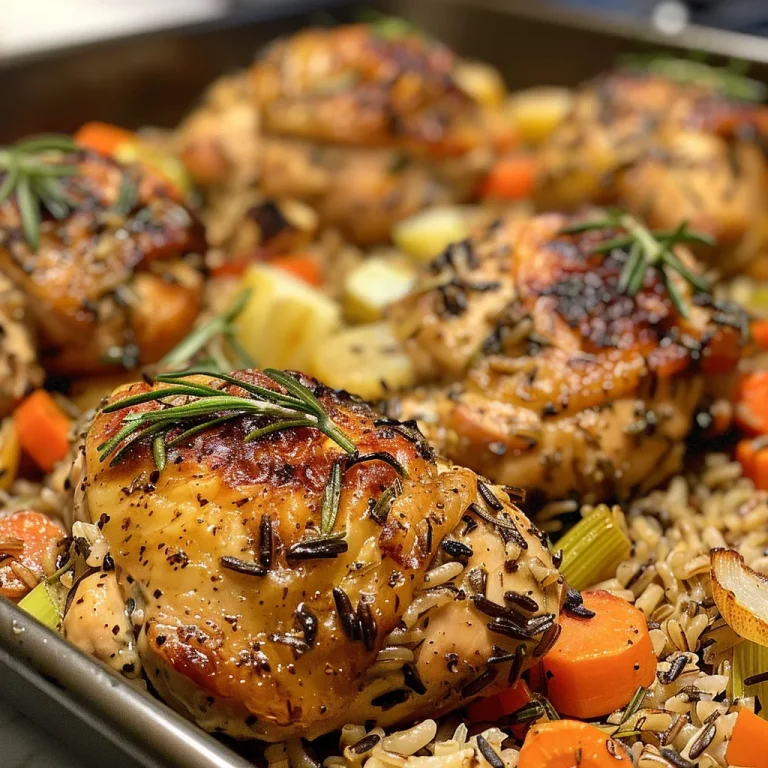 ['Juicy herby chicken thighs resting on a bed of wild rice with vegetables.', 'Close-up view of One Pan Herby Chicken surrounded by wild rice and colorful veggies.', 'A side view of golden-brown chicken thighs and wild rice blend with herbs.', 'Succulent chicken thighs garnished with fresh herbs on a plate of wild rice and veggies.']