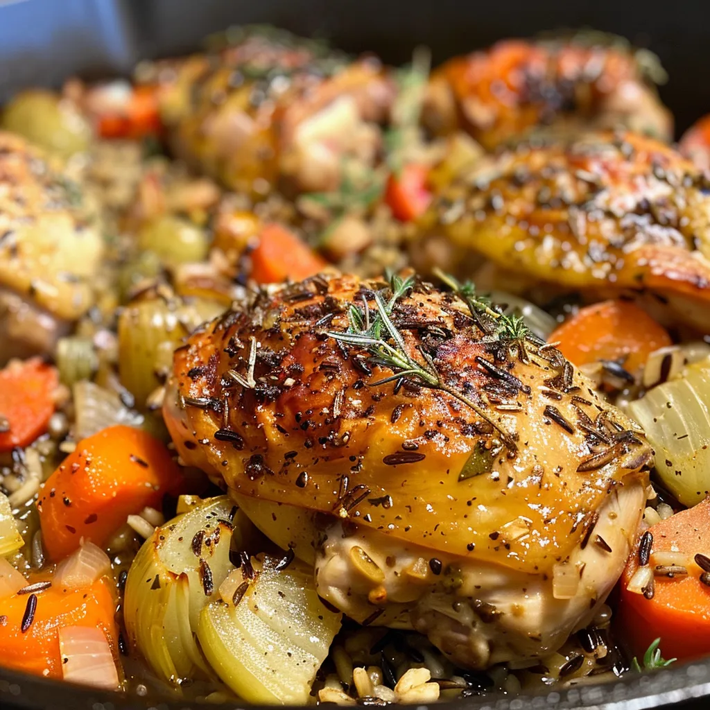 ['Juicy herby chicken thighs resting on a bed of wild rice with vegetables.', 'Close-up view of One Pan Herby Chicken surrounded by wild rice and colorful veggies.', 'A side view of golden-brown chicken thighs and wild rice blend with herbs.', 'Succulent chicken thighs garnished with fresh herbs on a plate of wild rice and veggies.']
