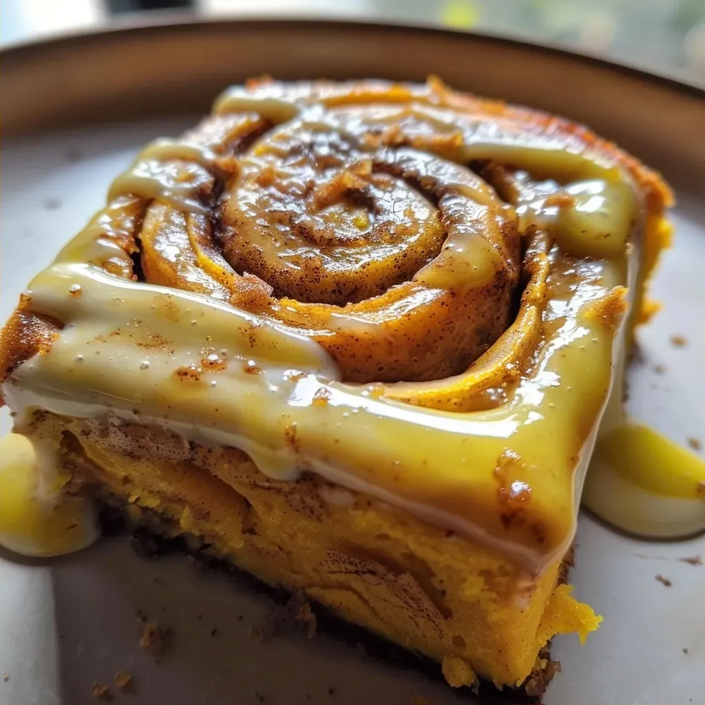 ['Close-up view of a moist vegan pumpkin cinnamon roll topped with glaze.', 'Side view of a stack of vegan pumpkin cinnamon rolls drizzled in frosting.', 'Delicious vegan pumpkin cinnamon rolls with a soft, fluffy texture.', 'Glazed vegan pumpkin cinnamon roll with visible pumpkin and cinnamon swirls.']