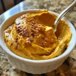 ['Close-up view of creamy vegan pumpkin dip in a bowl decorated with cinnamon.', 'Side angle of a luscious vegan pumpkin dip with a sprinkle of spices on top.', 'Vibrant orange vegan pumpkin dip served in a rustic bowl with ingredients beside it.', 'Rich vegan pumpkin dip with coconut cream, garnished with nuts and spices.']