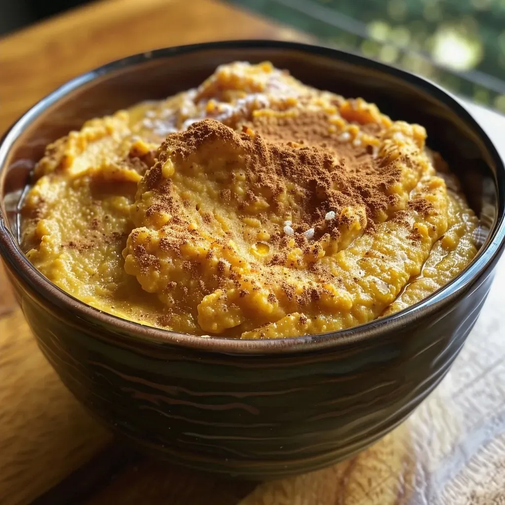['Close-up view of creamy vegan pumpkin dip in a bowl decorated with cinnamon.', 'Side angle of a luscious vegan pumpkin dip with a sprinkle of spices on top.', 'Vibrant orange vegan pumpkin dip served in a rustic bowl with ingredients beside it.', 'Rich vegan pumpkin dip with coconut cream, garnished with nuts and spices.']