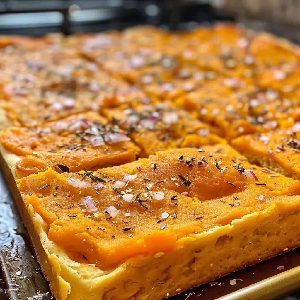 ['Close-up view of vegan pumpkin focaccia bread with a golden crust and toppings.', 'Side view of a slice of vegan pumpkin focaccia, highlighting its soft texture and ingredients.', 'Detailed image of a rustic vegan pumpkin focaccia with pumpkin puree and rosemary.', 'Close-up of a piece of focaccia showing its fluffy interior and toppings of red onion and salt.']