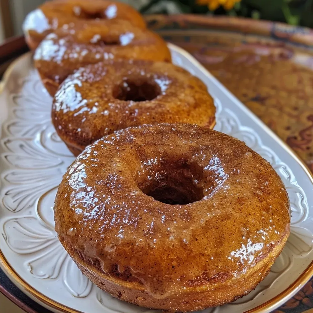 ['Close-up of a glazed vegan pumpkin spice donut with a soft texture.', 'Side view of a stack of delicious vegan pumpkin spice donuts drizzled with icing.', 'A single vegan pumpkin spice donut on a plate, showcasing its golden color and spices.', 'Artistic shot of vegan pumpkin spice donuts arranged on a rustic wooden surface.']