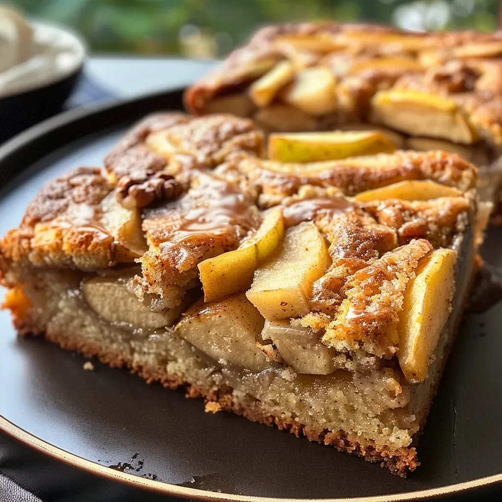 ['Close-up side view of a slice of Walnut & Apple Coffee Cake, showcasing a moist texture and visible walnut pieces.', 'Juicy Walnut & Apple Coffee Cake presented on a plate, highlighting its crumbly surface and apple chunks.', 'A delicious slice of Walnut & Apple Coffee Cake, with a rich glaze and nuts sprinkled on top.', 'Side view of a freshly baked Walnut & Apple Coffee Cake, featuring a golden-brown crust and shiny frosting.']