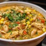 ['A close-up view of a bowl of White Bean Chicken Chili topped with shredded cheese and garnished with cilantro.', 'A side angle photo showcasing a hearty serving of White Bean Chicken Chili, displaying chunks of chicken and beans.', 'An iPhone 15 Pro captured image of White Bean Chicken Chili, highlighting creamy texture and colorful toppings.', 'A detailed close-up of White Bean Chicken Chili, featuring white beans, chicken chunks, and a garnish of avocado slices.']