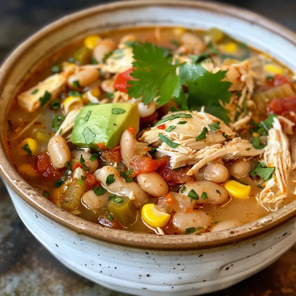 A close-up view of a bowl of White Bean Chicken Chili topped with shredded cheese and garnished with cilantro.