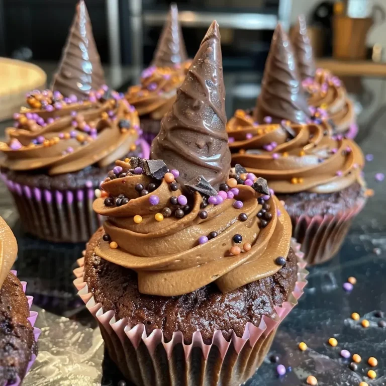 ['Close-up shot of colorful Witch Hat Cupcakes with chocolate frosting and wafer cones.', 'Side view of Witch Hat Cupcakes, showcasing rich chocolate toppings and decorative cones.', 'Detail image of witch hat themed cupcakes, featuring a dark chocolate exterior and frosting.', 'Close-up of whimsical Witch Hat Cupcakes with creamy buttercream and chocolate cone tips.']