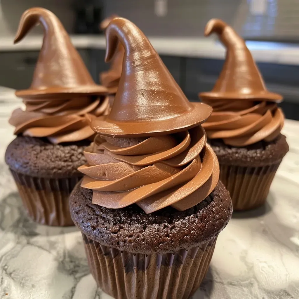 ['Close-up shot of colorful Witch Hat Cupcakes with chocolate frosting and wafer cones.', 'Side view of Witch Hat Cupcakes, showcasing rich chocolate toppings and decorative cones.', 'Detail image of witch hat themed cupcakes, featuring a dark chocolate exterior and frosting.', 'Close-up of whimsical Witch Hat Cupcakes with creamy buttercream and chocolate cone tips.']
