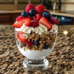 ['A close-up view of layered yogurt parfait with vibrant fruits and granola.', 'Side angle of yogurt parfait featuring strawberries, raspberries, blueberries, and granola.', 'Detailed shot of yogurt parfait with fresh berries and crunchy granola visible.', 'Close perspective of a yogurt parfait showcasing colorful fruit layers and creamy yogurt.']