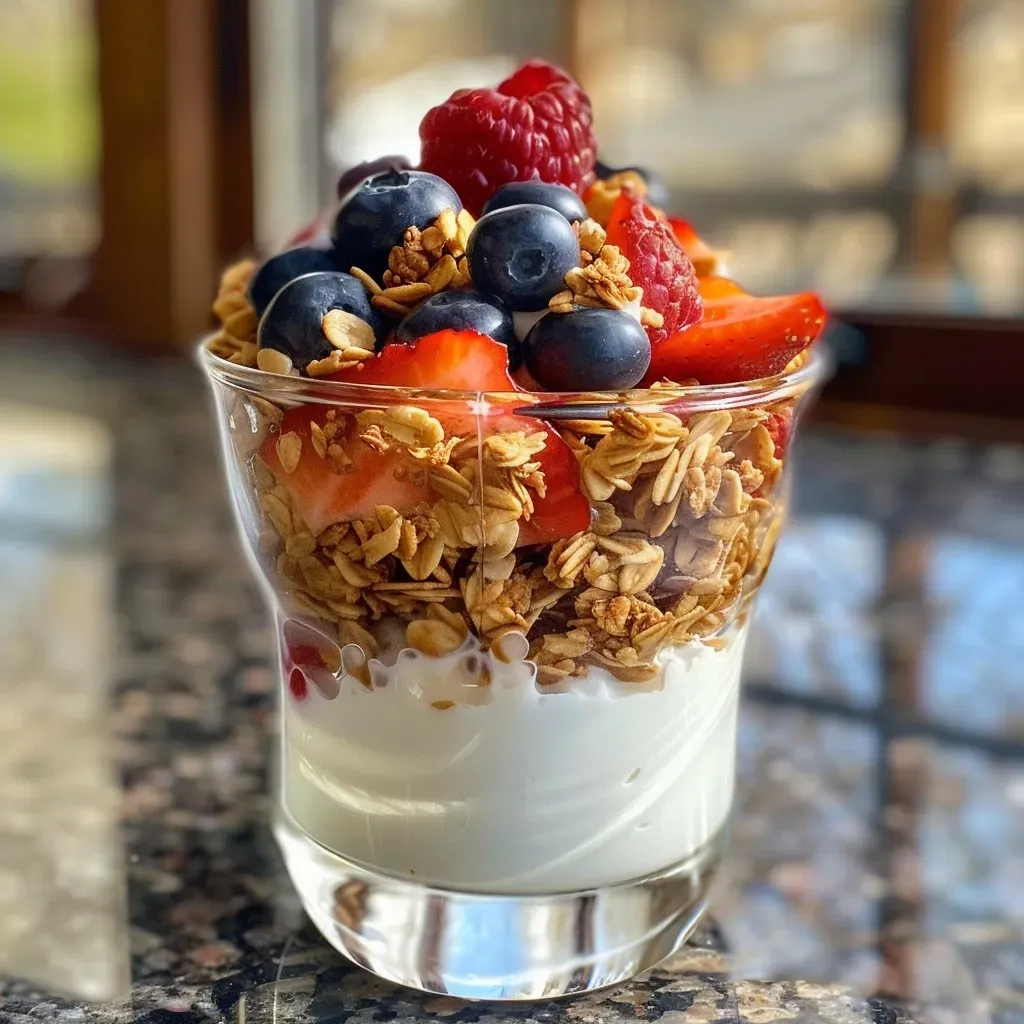 ['A close-up view of layered yogurt parfait with vibrant fruits and granola.', 'Side angle of yogurt parfait featuring strawberries, raspberries, blueberries, and granola.', 'Detailed shot of yogurt parfait with fresh berries and crunchy granola visible.', 'Close perspective of a yogurt parfait showcasing colorful fruit layers and creamy yogurt.']