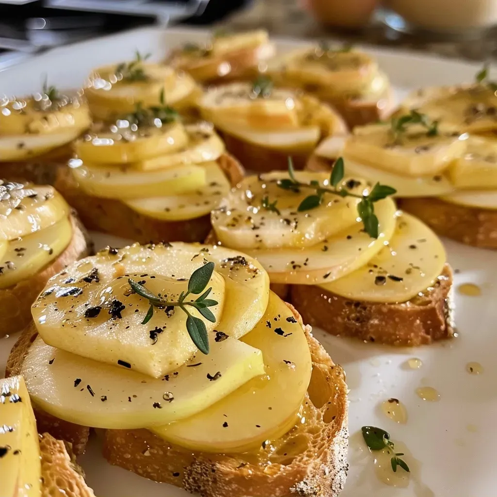 Side perspective of a delicious Apple Brie Crostini, showcasing caramelized apple slices and brie cheese.