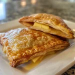 Close-up of a golden-brown apple cheddar turnover with flaky pastry.