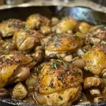 Juicy apple cider braised chicken thighs garnished with thyme, displayed on a rustic plate.