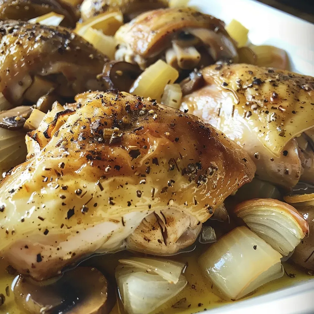Close-up view of succulent chicken thighs braised in apple cider with mushrooms and onions.