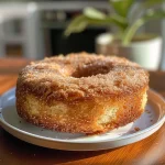 Close-up of a slice of apple cider donut cake showcasing a moist texture.