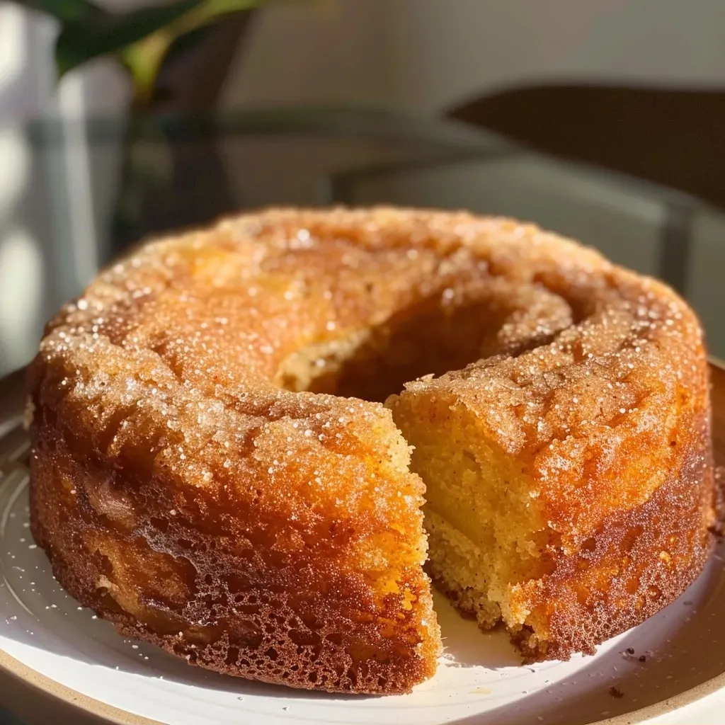 Side view of a delicious apple cider donut cake with a golden-brown crust.