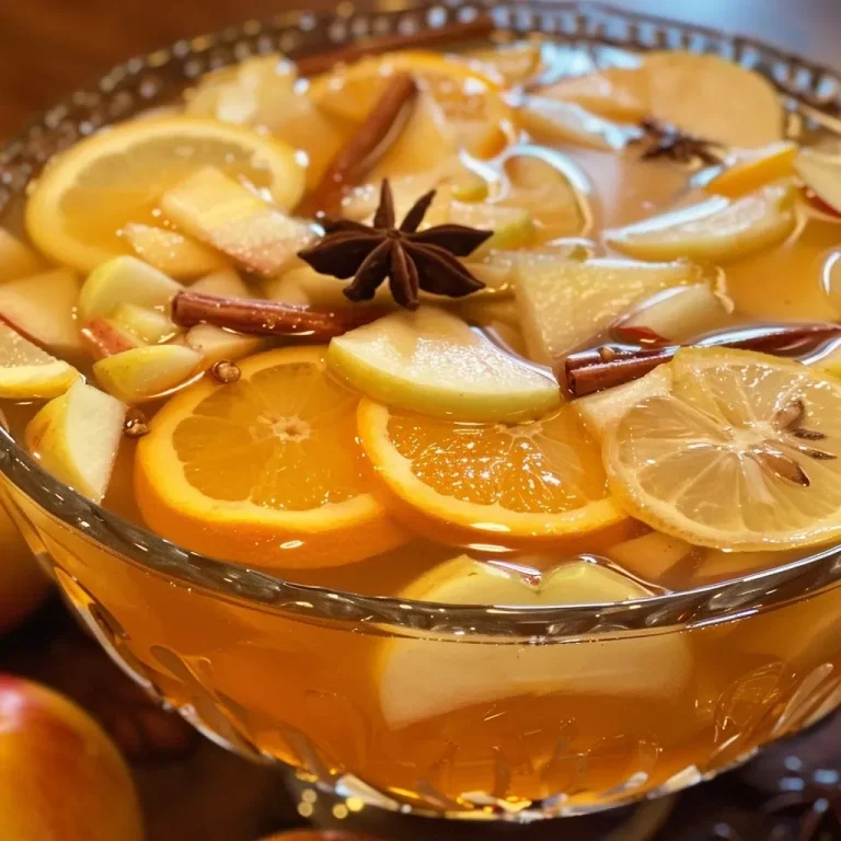 Close-up view of a glass filled with apple cider punch, garnished with orange slices and cinnamon sticks.