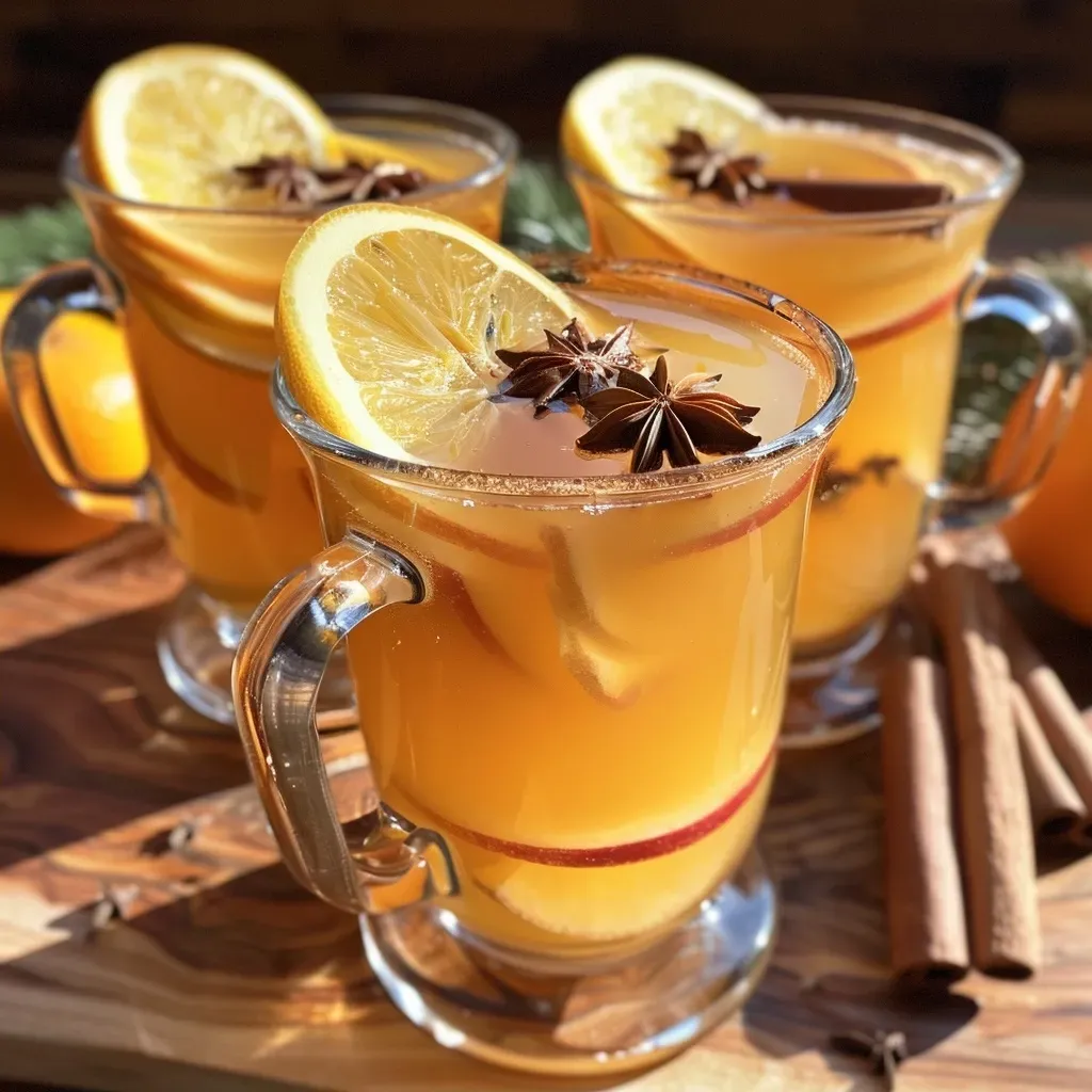 Side view of a refreshing apple cider punch in a clear glass, showcasing vibrant orange and apple garnishes.
