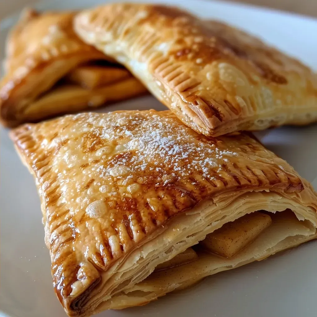 Side view of a freshly baked apple turnover, showcasing juicy apple filling.