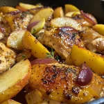Close-up of a juicy Autumn Apple Chicken dish with apple slices and herbs.