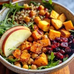 Close-up view of a colorful Autumn Harvest Bowl featuring greens and various toppings.