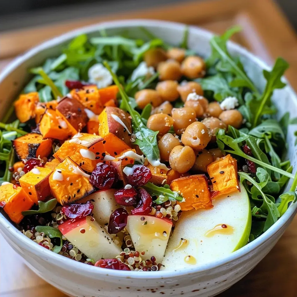 Side view of a vibrant bowl filled with arugula, quinoa, roasted sweet potato, and apple slices.
