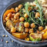 A close-up view of a vibrant Autumn Harvest Quinoa Bowl featuring colorful vegetables and chickpeas.