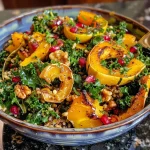 A vibrant autumn harvest salad featuring kale, delicata squash, goat cheese, and pomegranate arils.