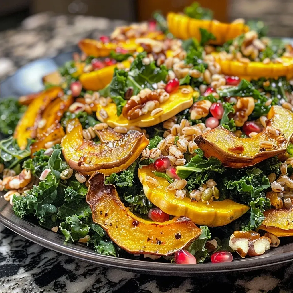 A close-up side view of a colorful salad composed of kale, roasted squash, pomegranate, and creamy cheese.