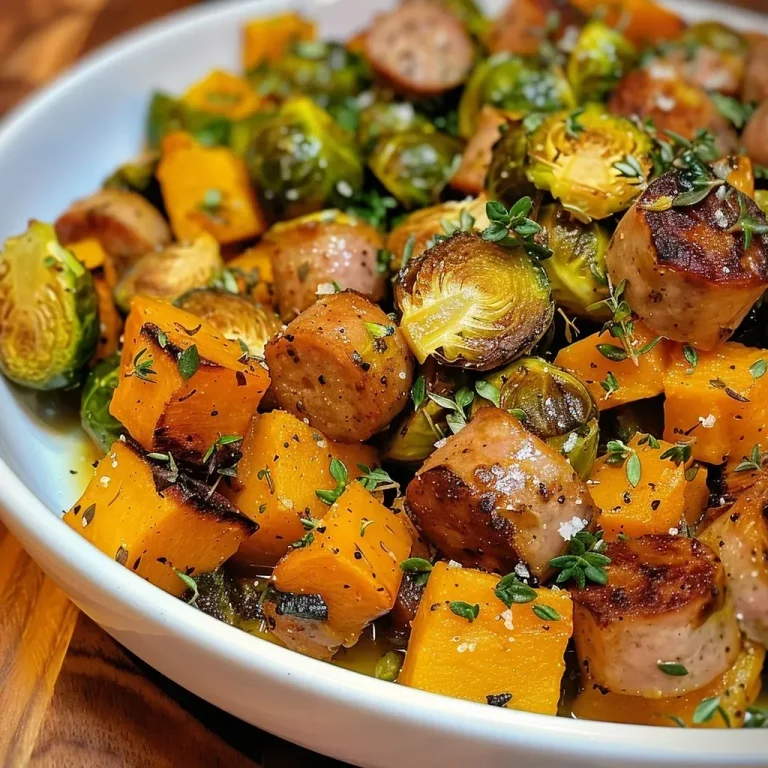 A close-up view of a plate featuring autumn sausage dinner with roasted butternut squash and Brussels sprouts.