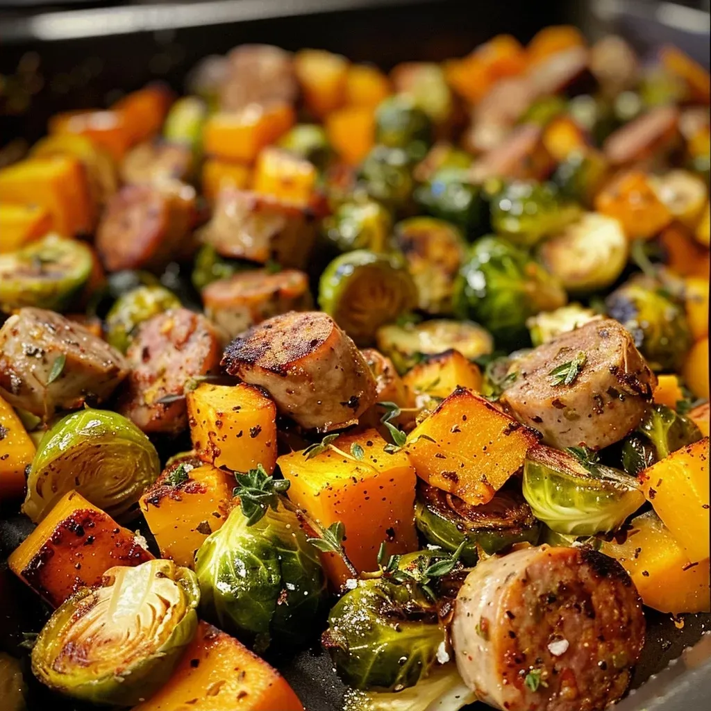 A vibrant, colorful dish showcasing sliced sausages with roasted vegetables, highlighting autumn flavors.