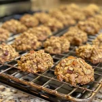 Close-up side view of a freshly baked breakfast cookie with visible oats and nuts.