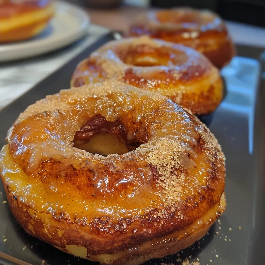 Side view of golden brown baked apple donuts with a shiny glaze drizzled over them.