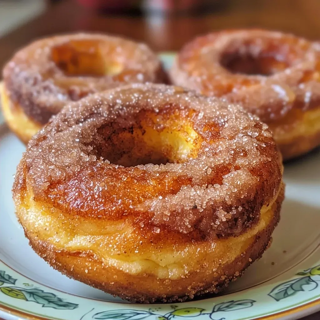 Side view of freshly baked cinnamon apple donuts sprinkled with sugar.