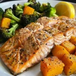 Close-up view of baked salmon fillet with roasted butternut squash and broccoli.