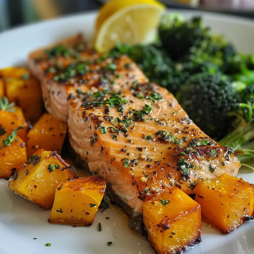 Juicy baked salmon alongside cubed butternut squash and broccoli on a plate.