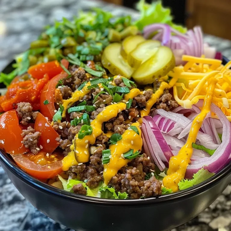Close-up view of a Big Mac Bowl filled with colorful ingredients.