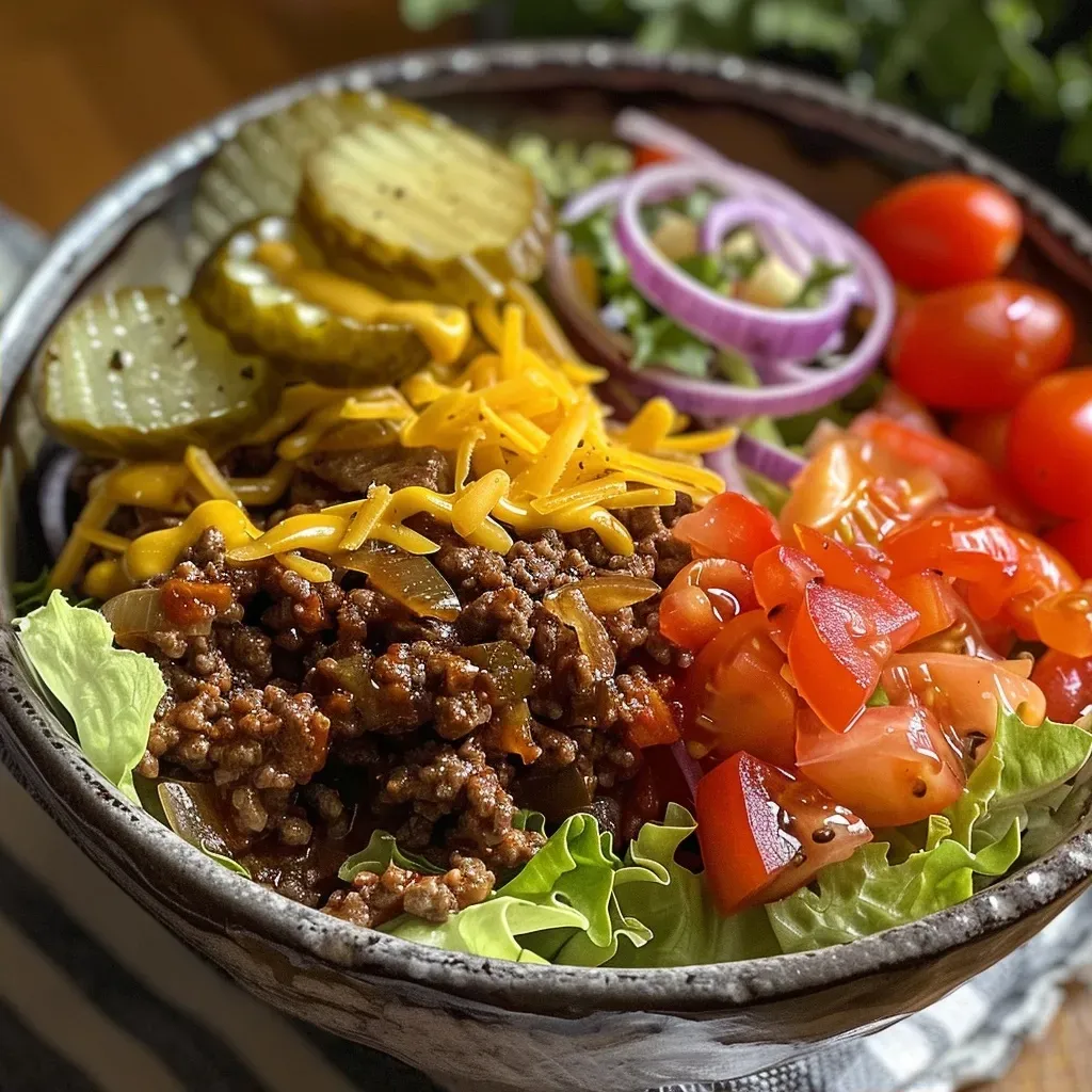 Side profile of a delicious Big Mac Bowl showcasing layers of fresh toppings.