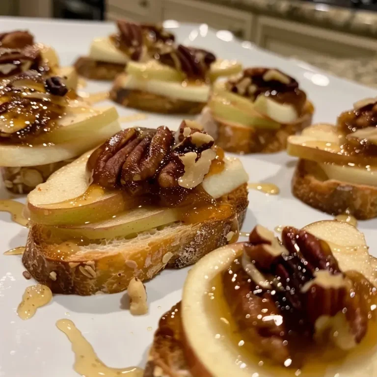 Close-up view of crostini topped with brie, apple slices, and drizzled with honey.