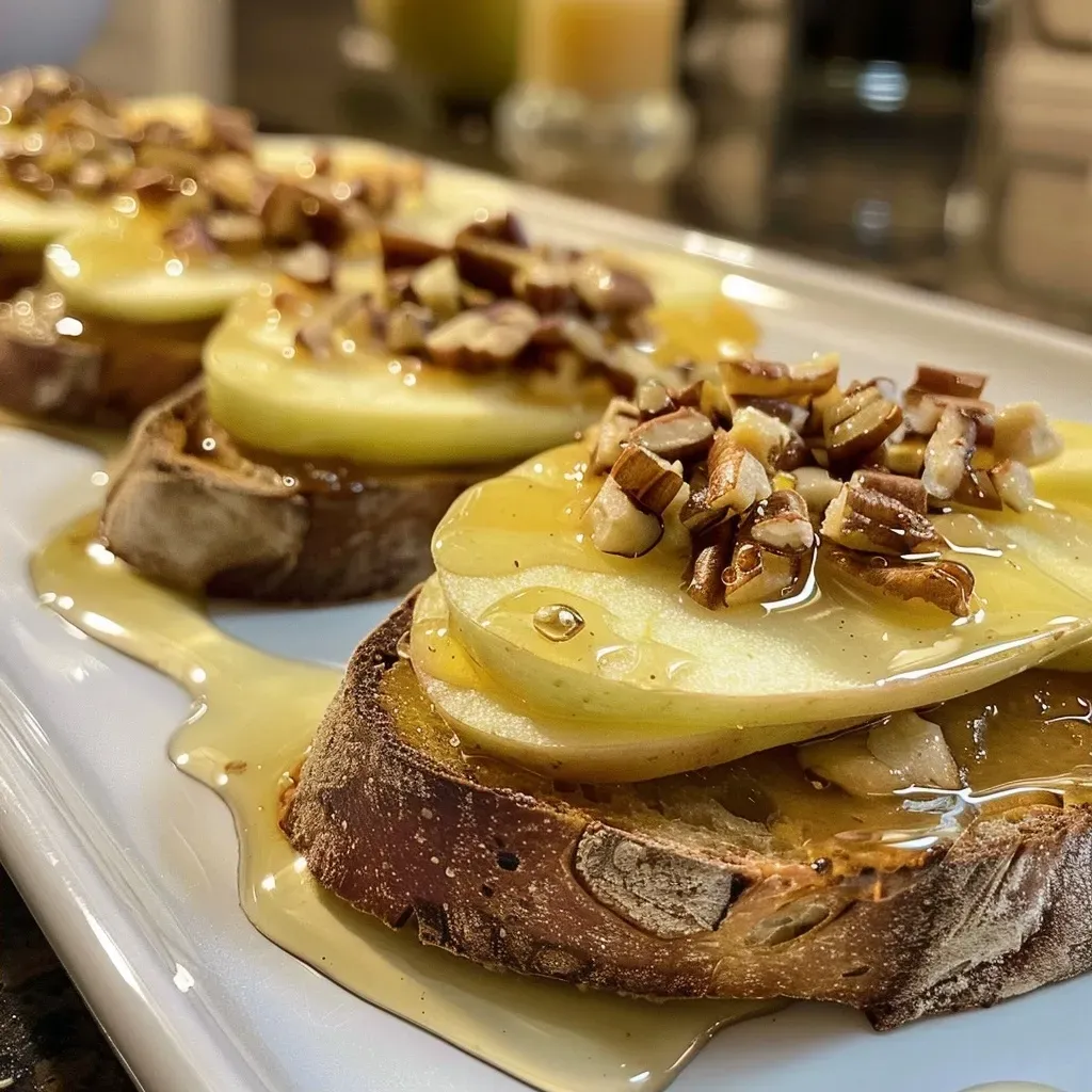 Side view of crispy baguette slices layered with apple butter, brie cheese, and nuts.