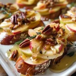Close-up side view of a crostini topped with Brie cheese, apple slices, and drizzled with honey.