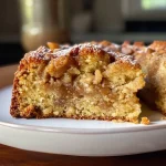 A close-up side view of a sliced Brown Butter Apple Cider Coffee Cake with visible apple pieces.