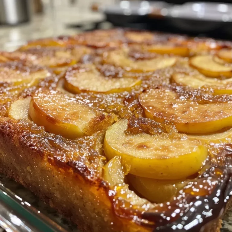 A close-up side view of a sliced Browned Butter Apple Upside-Down Cake with shiny caramelized apples on top.
