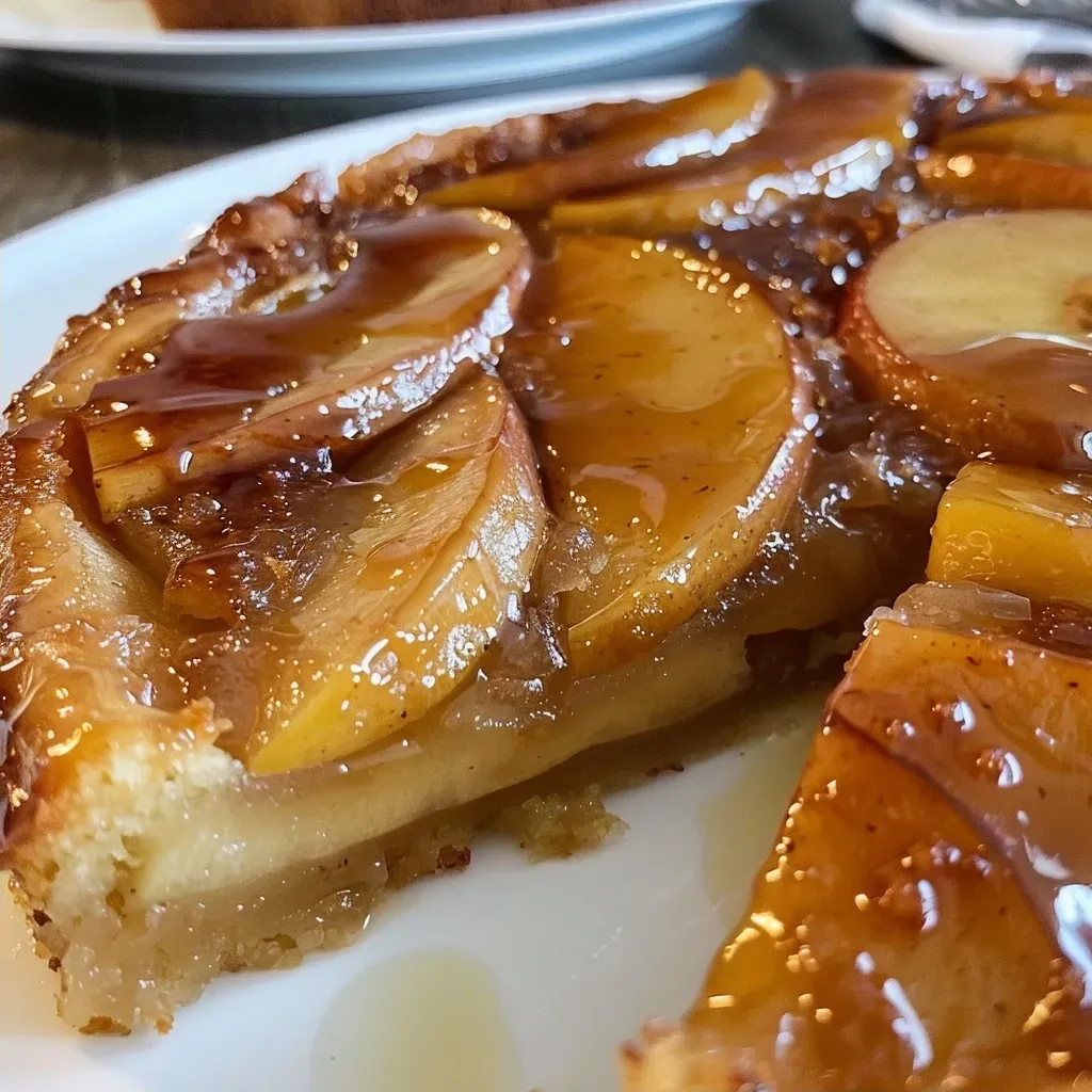 A slice of Browned Butter Apple Upside-Down Cake showcasing layers of juicy apples and a golden-brown crust.