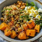 Close-up view of a colorful butternut squash bowl filled with quinoa and greens.