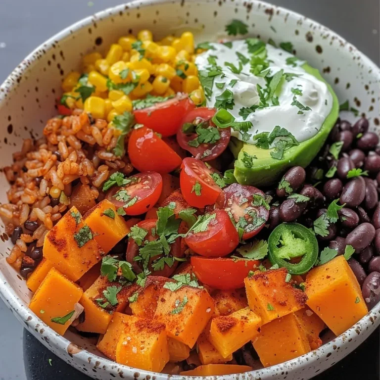 A close-up view of a colorful butternut squash burrito bowl with vibrant ingredients.