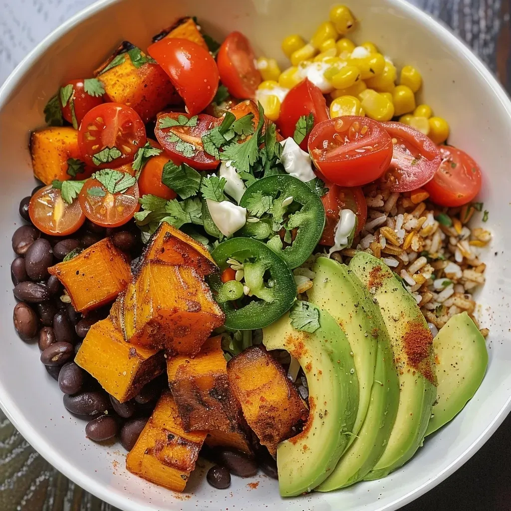 A side view of a delicious butternut squash burrito bowl showcasing layers of fresh toppings.