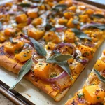 A close-up side view of a Butternut Squash & Burrata Flatbread topped with crispy sage.