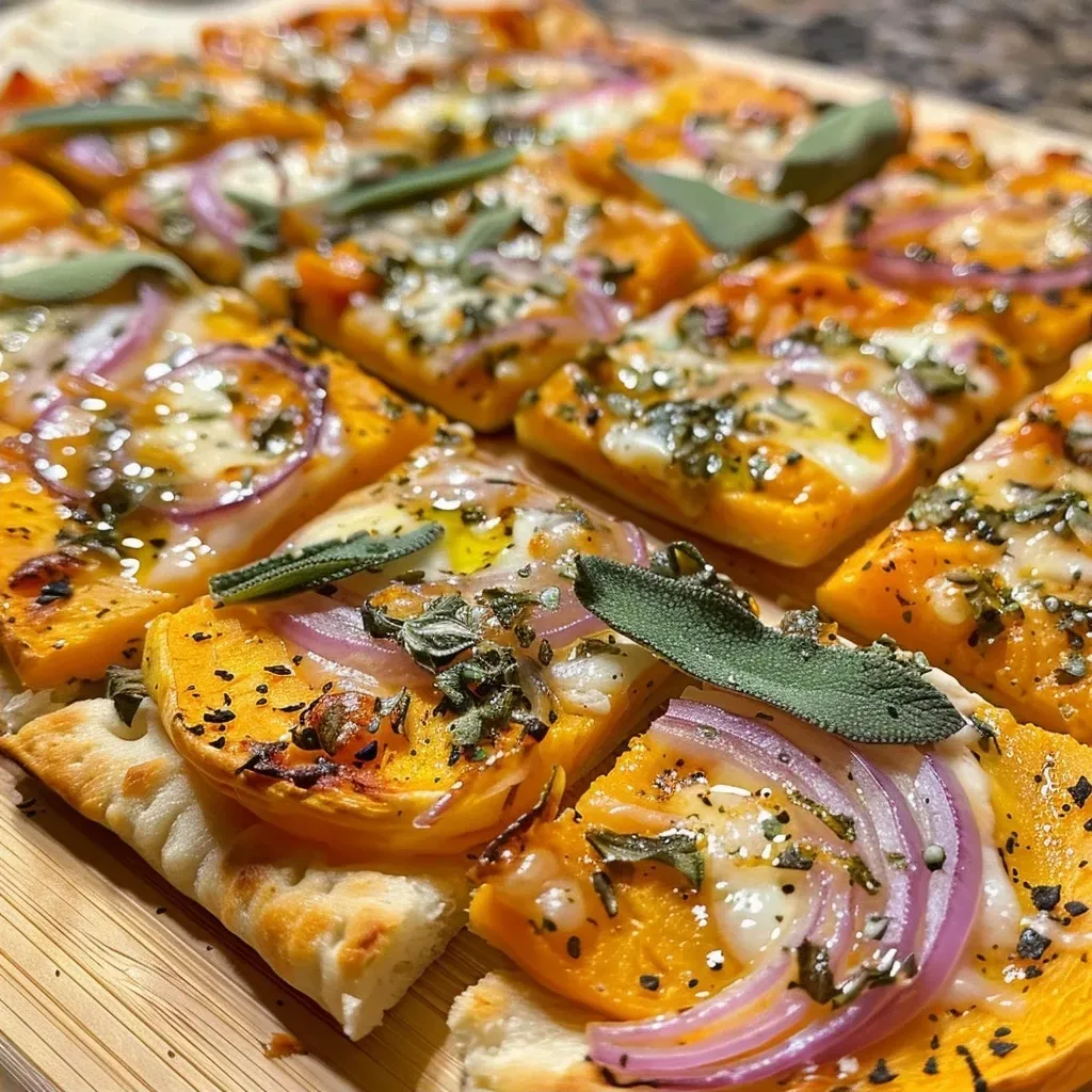 A vibrant flatbread with roasted butternut squash and burrata cheese drizzled with olive oil.