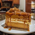 Close-up view of a Caramel Pumpkin Cake Cheesecake with a velvety texture.